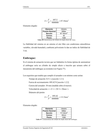 Cálculos 138 
87.18 2 
697.5 
S = = = 
8000000 
mm 
F 
P 
Elemento elegido: 
Elemento Cilindro 
Presión Nominal 80Bar 
Sección 87.18mm2 
Carrera 40 
Precio 102€ 
Tabla 18-Características del cilindro de simple efecto del freno. 
La fiabilidad del sistema en un entorno al aire libre con condiciones atmosféricas 
variables, elevada humedad y ambiente polvoriento le dan un índice de fiabilidad de 
7/10. 
Embrague: 
Si el sistema de actuación tuviera que ser hidráulico la forma óptima de automatizar 
el embrague sería un cilindro de simple efecto a tracción que actuara sobre el 
mecanismo del embrague ya existente (ver Figura 77). 
Los requisitos que tendría que cumplir el actuador a un mínimo coste serían: 
Tiempo de actuación: 0.5-1 s [sección 1.2.1] 
Fuerza de accionamiento: 895.42 N [sección 1.2.2] 
Carrera del actuador: 30 mm (medida sobre el tractor). 
Velocidad de actuación: v = S / t = 30 /1 = 30mm/ s 
Diámetro del pistón: 
111.9 2 
895.42 
S = = = 
8000000 
mm 
F 
P 
Elemento elegido: 
Elemento Cilindro 
Presión Nominal 80Bar 
Sección 111.9mm2 
Carrera 30mm 
Precio 102€ 
Tabla 19 - Características del cilindro de simple efecto del Embrague. 
Escuela Técnica Superior de Ingeniería ICAI - MEMORIA - 
 