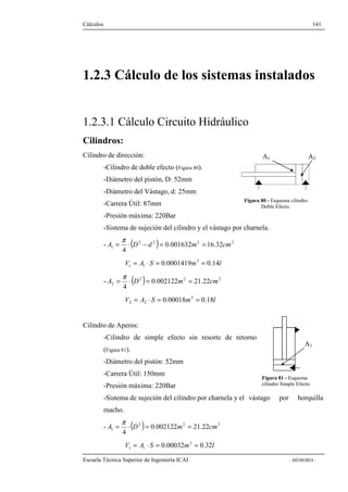 Cálculos 141 
1.2.3 Cálculo de los sistemas instalados 
1.2.3.1 Cálculo Circuito Hidráulico 
Cilindros: 
Cilindro de dirección: 
A1 A2 
-Cilindro de doble efecto (Figura 80). 
-Diámetro del pistón, D: 52mm 
-Diámetro del Vástago, d: 25mm 
-Carrera Útil: 87mm 
-Presión máxima: 220Bar 
-Sistema de sujeción del cilindro y el vástago por charnela. 
A = × D - d = m = cm p 
- ( 2 2 ) 0.001632 2 16.32 
2 
1 4 
V A S 0.0001419m3 0.14l 
1 1 = × = = 
A = × D = m = cm p 
- ( 2 ) 0.002122 2 21.22 
2 
2 4 
V A S 0.00018m3 0.18l 
2 2 = × = = 
Cilindro de Aperos: 
Figura 80 - Esquema cilindro 
Doble Efecto. 
-Cilindro de simple efecto sin resorte de retorno 
(Figura 81). 
-Diámetro del pistón: 52mm 
-Carrera Útil: 150mm 
-Presión máxima: 220Bar 
-Sistema de sujeción del cilindro por charnela y el vástago por horquilla 
macho. 
A = × D = m = cm p 
- ( 2 ) 0.002122 2 21.22 
2 
1 4 
V A S 0.00032m3 0.32l 
1 1 = × = = 
A1 
Figura 81 - Esquema 
cilindro Simple Efecto. 
Escuela Técnica Superior de Ingeniería ICAI - MEMORIA - 
 