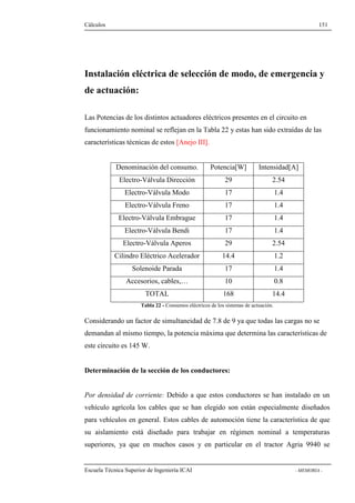 Cálculos 151 
Instalación eléctrica de selección de modo, de emergencia y 
de actuación: 
Las Potencias de los distintos actuadores eléctricos presentes en el circuito en 
funcionamiento nominal se reflejan en la Tabla 22 y estas han sido extraídas de las 
características técnicas de estos [Anejo III]. 
Denominación del consumo. Potencia[W] Intensidad[A] 
Electro-Válvula Dirección 29 2.54 
Electro-Válvula Modo 17 1.4 
Electro-Válvula Freno 17 1.4 
Electro-Válvula Embrague 17 1.4 
Electro-Válvula Bendi 17 1.4 
Electro-Válvula Aperos 29 2.54 
Cilindro Eléctrico Acelerador 14.4 1.2 
Solenoide Parada 17 1.4 
Accesorios, cables,… 10 0.8 
TOTAL 168 14.4 
Tabla 22 - Consumos eléctricos de los sistemas de actuación. 
Considerando un factor de simultaneidad de 7.8 de 9 ya que todas las cargas no se 
demandan al mismo tiempo, la potencia máxima que determina las características de 
este circuito es 145 W. 
Determinación de la sección de los conductores: 
Por densidad de corriente: Debido a que estos conductores se han instalado en un 
vehículo agrícola los cables que se han elegido son están especialmente diseñados 
para vehículos en general. Estos cables de automoción tiene la característica de que 
su aislamiento está diseñado para trabajar en régimen nominal a temperaturas 
superiores, ya que en muchos casos y en particular en el tractor Agria 9940 se 
Escuela Técnica Superior de Ingeniería ICAI - MEMORIA - 
 