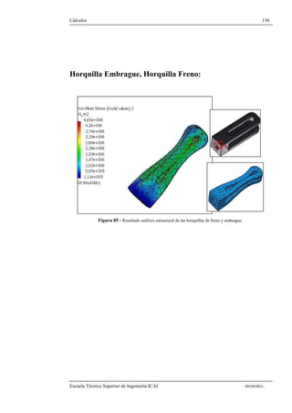Cálculos 156 
Horquilla Embrague, Horquilla Freno: 
Figura 85 - Resultado análisis estructural de las horquillas de freno y embrague. 
Escuela Técnica Superior de Ingeniería ICAI - MEMORIA - 
 