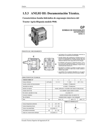 Anejos 174 
1.5.3 ANEJO III: Documentación Técnica. 
Características bomba hidráulica de engranajes interiores del 
Tractor Agria-Hispania modelo 9940. 
Escuela Técnica Superior de Ingeniería ICAI - MEMORIA - 
 