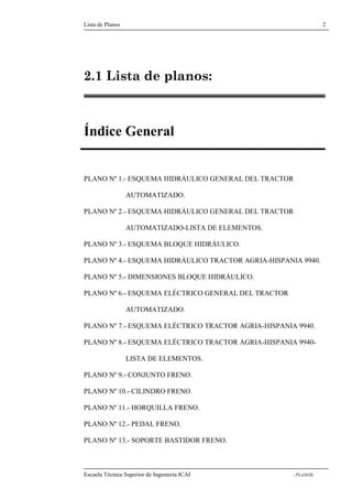 Lista de Planos 2 
2.1 Lista de planos: 
Índice General 
PLANO Nº 1.- ESQUEMA HIDRÁULICO GENERAL DEL TRACTOR 
AUTOMATIZADO. 
PLANO Nº 2.- ESQUEMA HIDRÁULICO GENERAL DEL TRACTOR 
AUTOMATIZADO-LISTA DE ELEMENTOS. 
PLANO Nº 3.- ESQUEMA BLOQUE HIDRÁULICO. 
PLANO Nº 4.- ESQUEMA HIDRÁULICO TRACTOR AGRIA-HISPANIA 9940. 
PLANO Nº 5.- DIMENSIONES BLOQUE HIDRÁULICO. 
PLANO Nº 6.- ESQUEMA ELÉCTRICO GENERAL DEL TRACTOR 
AUTOMATIZADO. 
PLANO Nº 7.- ESQUEMA ELÉCTRICO TRACTOR AGRIA-HISPANIA 9940. 
PLANO Nº 8.- ESQUEMA ELÉCTRICO TRACTOR AGRIA-HISPANIA 9940- 
LISTA DE ELEMENTOS. 
PLANO Nº 9.- CONJUNTO FRENO. 
PLANO Nº 10.- CILINDRO FRENO. 
PLANO Nº 11.- HORQUILLA FRENO. 
PLANO Nº 12.- PEDAL FRENO. 
PLANO Nº 13.- SOPORTE BASTIDOR FRENO. 
Escuela Técnica Superior de Ingeniería ICAI - PLANOS- 
 