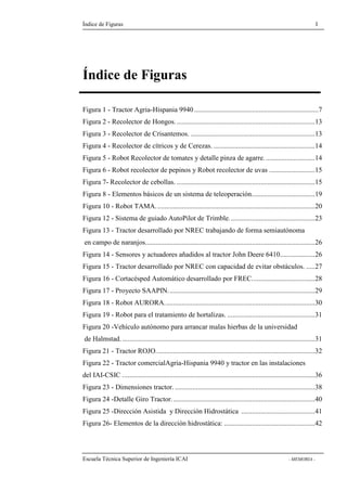 Índice de Figuras I 
Índice de Figuras 
Figura 1 - Tractor Agria-Hispania 9940 .......................................................................7 
Figura 2 - Recolector de Hongos. ...............................................................................13 
Figura 3 - Recolector de Crisantemos. .......................................................................13 
Figura 4 - Recolector de cítricos y de Cerezas. ..........................................................14 
Figura 5 - Robot Recolector de tomates y detalle pinza de agarre. ............................14 
Figura 6 - Robot recolector de pepinos y Robot recolector de uvas ..........................15 
Figura 7- Recolector de cebollas. ...............................................................................15 
Figura 8 - Elementos básicos de un sistema de teleoperación....................................19 
Figura 10 - Robot TAMA. ..........................................................................................20 
Figura 12 - Sistema de guiado AutoPilot de Trimble. ................................................23 
Figura 13 - Tractor desarrollado por NREC trabajando de forma semiautónoma 
en campo de naranjos.................................................................................................26 
Figura 14 - Sensores y actuadores añadidos al tractor John Deere 6410....................26 
Figura 15 - Tractor desarrollado por NREC con capacidad de evitar obstáculos. .....27 
Figura 16 - Cortacésped Automático desarrollado por FREC....................................28 
Figura 17 - Proyecto SAAPIN....................................................................................29 
Figura 18 - Robot AURORA......................................................................................30 
Figura 19 - Robot para el tratamiento de hortalizas. ..................................................31 
Figura 20 -Vehículo autónomo para arrancar malas hierbas de la universidad 
de Halmstad. ..............................................................................................................31 
Figura 21 - Tractor ROJO...........................................................................................32 
Figura 22 - Tractor comercialAgria-Hispania 9940 y tractor en las instalaciones 
del IAI-CSIC ..............................................................................................................36 
Figura 23 - Dimensiones tractor. ................................................................................38 
Figura 24 -Detalle Giro Tractor. .................................................................................40 
Figura 25 -Dirección Asistida y Dirección Hidrostática ..........................................41 
Figura 26- Elementos de la dirección hidrostática: ....................................................42 
Escuela Técnica Superior de Ingeniería ICAI - MEMORIA - 
 