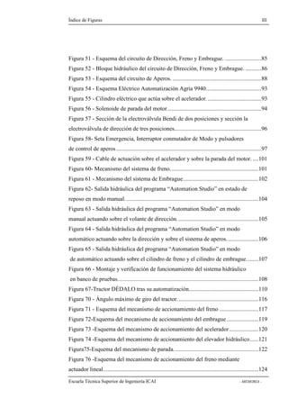 Índice de Figuras III 
Figura 51 - Esquema del circuito de Dirección, Freno y Embrague. .........................85 
Figura 52 - Bloque hidráulico del circuito de Dirección, Freno y Embrague. ...........86 
Figura 53 - Esquema del circuito de Aperos. .............................................................88 
Figura 54 - Esquema Eléctrico Automatización Agria 9940......................................93 
Figura 55 - Cilindro eléctrico que actúa sobre el acelerador. .....................................93 
Figura 56 - Solenoide de parada del motor.................................................................94 
Figura 57 - Sección de la electroválvula Bendi de dos posiciones y sección la 
electroválvula de dirección de tres posiciones............................................................96 
Figura 58- Seta Emergencia, Interruptor conmutador de Modo y pulsadores 
de control de aperos ....................................................................................................97 
Figura 59 - Cable de actuación sobre el acelerador y sobre la parada del motor. ....101 
Figura 60- Mecanismo del sistema de freno.............................................................101 
Figura 61 - Mecanismo del sistema de Embrague....................................................102 
Figura 62- Salida hidráulica del programa “Automation Studio” en estado de 
reposo en modo manual. ...........................................................................................104 
Figura 63 - Salida hidráulica del programa “Automation Studio” en modo 
manual actuando sobre el volante de dirección. .......................................................105 
Figura 64 - Salida hidráulica del programa “Automation Studio” en modo 
automático actuando sobre la dirección y sobre el sistema de aperos. .....................106 
Figura 65 - Salida hidráulica del programa “Automation Studio” en modo 
de automático actuando sobre el cilindro de freno y el cilindro de embrague. .......107 
Figura 66 - Montaje y verificación de funcionamiento del sistema hidráulico 
en banco de pruebas.................................................................................................108 
Figura 67-Tractor DÉDALO tras su automatización................................................110 
Figura 70 - Ángulo máximo de giro del tractor. .......................................................116 
Figura 71 - Esquema del mecanismo de accionamiento del freno ...........................117 
Figura 72-Esquema del mecanismo de accionamiento del embrague ......................119 
Figura 73 -Esquema del mecanismo de accionamiento del acelerador ....................120 
Figura 74 -Esquema del mecanismo de accionamiento del elevador hidráulico......121 
Figura75-Esquema del mecanismo de parada. .........................................................122 
Figura 76 -Esquema del mecanismo de accionamiento del freno mediante 
actuador lineal...........................................................................................................124 
Escuela Técnica Superior de Ingeniería ICAI - MEMORIA - 
 