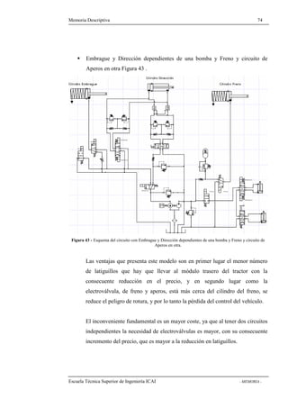 Memoria Descriptiva 74 
 Embrague y Dirección dependientes de una bomba y Freno y circuito de 
Aperos en otra Figura 43 . 
Figura 43 - Esquema del circuito con Embrague y Dirección dependientes de una bomba y Freno y circuito de 
Aperos en otra. 
Las ventajas que presenta este modelo son en primer lugar el menor número 
de latiguillos que hay que llevar al módulo trasero del tractor con la 
consecuente reducción en el precio, y en segundo lugar como la 
electroválvula, de freno y aperos, está más cerca del cilindro del freno, se 
reduce el peligro de rotura, y por lo tanto la pérdida del control del vehículo. 
El inconveniente fundamental es un mayor coste, ya que al tener dos circuitos 
independientes la necesidad de electroválvulas es mayor, con su consecuente 
incremento del precio, que es mayor a la reducción en latiguillos. 
Escuela Técnica Superior de Ingeniería ICAI - MEMORIA - 
 