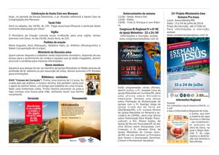 Aniversariantes da semana
12/06 - Deise, Aline e Gel.
13/06 - Eliete.
19/06 - Fred Jr, Enrique e Leni Ribei-
ro.
Congresso Bi-Regional 5ª e 8ª RE
da Igreja Metodista - 22 a 24/09
Informações e inscrição, acesse
www.congressometodista.com.br
Estão programadas várias oficinas,
dentre outros, o Pr. Josadak Lima da
Igreja Metodista em Curitiba/PR, dará
uma oficina sobre Ministério
Intencional. Teremos uma oficina
sobre Plantação de Multiplicação de
Igrejas com o Pr. Rodrigo Veiga da
Igreja Cristã Sal da Terra em
Uberlândia/MG; o Pr. Luciano Pereira
da Igreja Metodista no Panamá e se-
cretário do CIEMAL, dará uma oficina
sobre Mobilização Para Missão Trans-
cultural; a Pra. Eliana Godoy, da
Igreja da Paz em Sorocaba/SP vai dar
uma oficina sobre Discipulado Com
Crianças; o Pr. Ubiratan Silva, da
Igreja Metodista de Campo Gran-
de/MS vai nos ministrar os Princípios
Que Fazem o Discipulado Germinar,
Crescer e Permanecer Saudável.
21º Projeto Missionário Uma
Semana Pra Jesus
Local: Anaurilândia/MS
Data: 15 a 24 de julho de 2016
Prazo de inscrição: até 27/06/16
Para informações e inscrição,
acesse
www.umasemanaprajesus.com.br
Informativo Regional
Acesse
5re.metodista.org.br/arquivo/299/IR_11
5.pdf
e leia o Informativo Regional de maio
e junho, que tem
a matéria de capa
Dízimos e Ofertas
- seu investimen-
to gracioso na
obra de Deus, na
qual o Bispo Ado-
nias P. do Lago
explica a destina-
ção dos dízimos e
das ofertas.
Celebração da Santa Ceia nos Marques
Hoje, no período da Escola Dominical, o pr. Rinaldo celebrará a Santa Ceia na
Congregação dos Marques.
Tarde Feliz
Será no sábado, dia 18/06, às 15h. Traga seus/suas filhos/as e participe deste
momento abençoado por Deus!
Vigília
O Ministério da Oração convida os/as irmãos/ãs para uma vigília, tempo
precioso com Deus, no dia 24/06, sexta-feira, às 22h.
Pedidos de oração
Maria Augusta, Alice (Marques), Valdelice Paes, pr. Artêmio (Moranguinho) e
Natan (recuperação de cirurgia).
Ministério da Diaconia avisa
Quem estiver disposto a trabalhar neste importante ministério, dispondo de seu
tempo para o acolhimento de irmãos e aqueles que já estão engajados, devem
procurar o Jonathas para maiores informações.
Novos membros
Aquele/a que deseja tornar-se membro da Igreja Metodista no Matão através de
profissão de fé, batismo ou por assunção de votos, devem procurar o Pr. Rinaldo
para orientações.
Biblioteca - novidades
DVD “Coisas do Coração”: Trinity, uma menina de 12 anos, foi
criada pelo pai solteiro, o músico Jeremy. Ela também conta com
o apoio do senhor Kwon, um amigo que trabalha em uma livraria.
Após uma misteriosa visita, Trinity resolve encontrar os avós e
logo começa uma busca pela mãe, tantando reunir sua família
novamente.
Versículo Pensamento
 