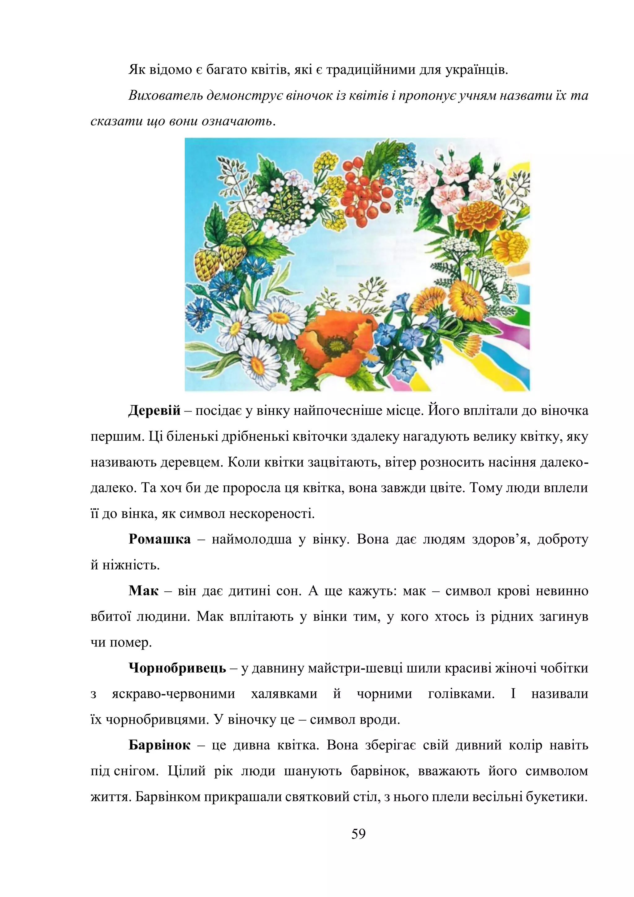 59
Як відомо є багато квітів, які є традиційними для українців.
Вихователь демонструє віночок із квітів і пропонує учням назвати їх та
сказати що вони означають.
Деревій – посідає у вінку найпочесніше місце. Його вплітали до віночка
першим. Ці біленькі дрібненькі квіточки здалеку нагадують велику квітку, яку
називають деревцем. Коли квітки зацвітають, вітер розносить насіння далеко-
далеко. Та хоч би де проросла ця квітка, вона завжди цвіте. Тому люди вплели
її до вінка, як символ нескореності.
Ромашка – наймолодша у вінку. Вона дає людям здоров’я, доброту
й ніжність.
Мак – він дає дитині сон. А ще кажуть: мак – символ крові невинно
вбитої людини. Мак вплітають у вінки тим, у кого хтось із рідних загинув
чи помер.
Чорнобривець – у давнину майстри-шевці шили красиві жіночі чобітки
з яскраво-червоними халявками й чорними голівками. І називали
їх чорнобривцями. У віночку це – символ вроди.
Барвінок – це дивна квітка. Вона зберігає свій дивний колір навіть
під снігом. Цілий рік люди шанують барвінок, вважають його символом
життя. Барвінком прикрашали святковий стіл, з нього плели весільні букетики.
 