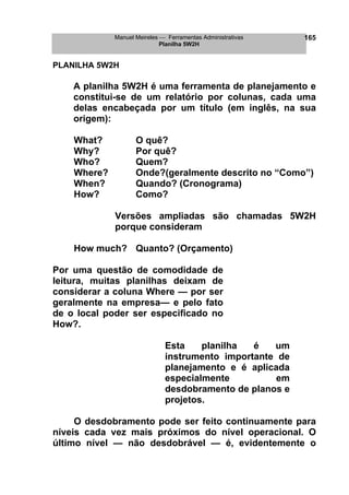 Manuel Meireles  Ferramentas Administrativas 
Planilha 5W2H 
165 
PLANILHA 5W2H 
A planilha 5W2H é uma ferramenta de planejamento e constitui-se de um relatório por colunas, cada uma delas encabeçada por um título (em inglês, na sua origem): 
What? O quê? 
Why? Por quê? 
Who? Quem? 
Where? Onde?(geralmente descrito no “Como”) 
When? Quando? (Cronograma) 
How? Como? 
Versões ampliadas são chamadas 5W2H porque consideram 
How much? Quanto? (Orçamento) 
Por uma questão de comodidade de leitura, muitas planilhas deixam de considerar a coluna Where — por ser geralmente na empresa— e pelo fato de o local poder ser especificado no How?. 
Esta planilha é um instrumento importante de planejamento e é aplicada especialmente em desdobramento de planos e projetos. 
O desdobramento pode ser feito continuamente para níveis cada vez mais próximos do nível operacional. O último nível — não desdobrável — é, evidentemente o  