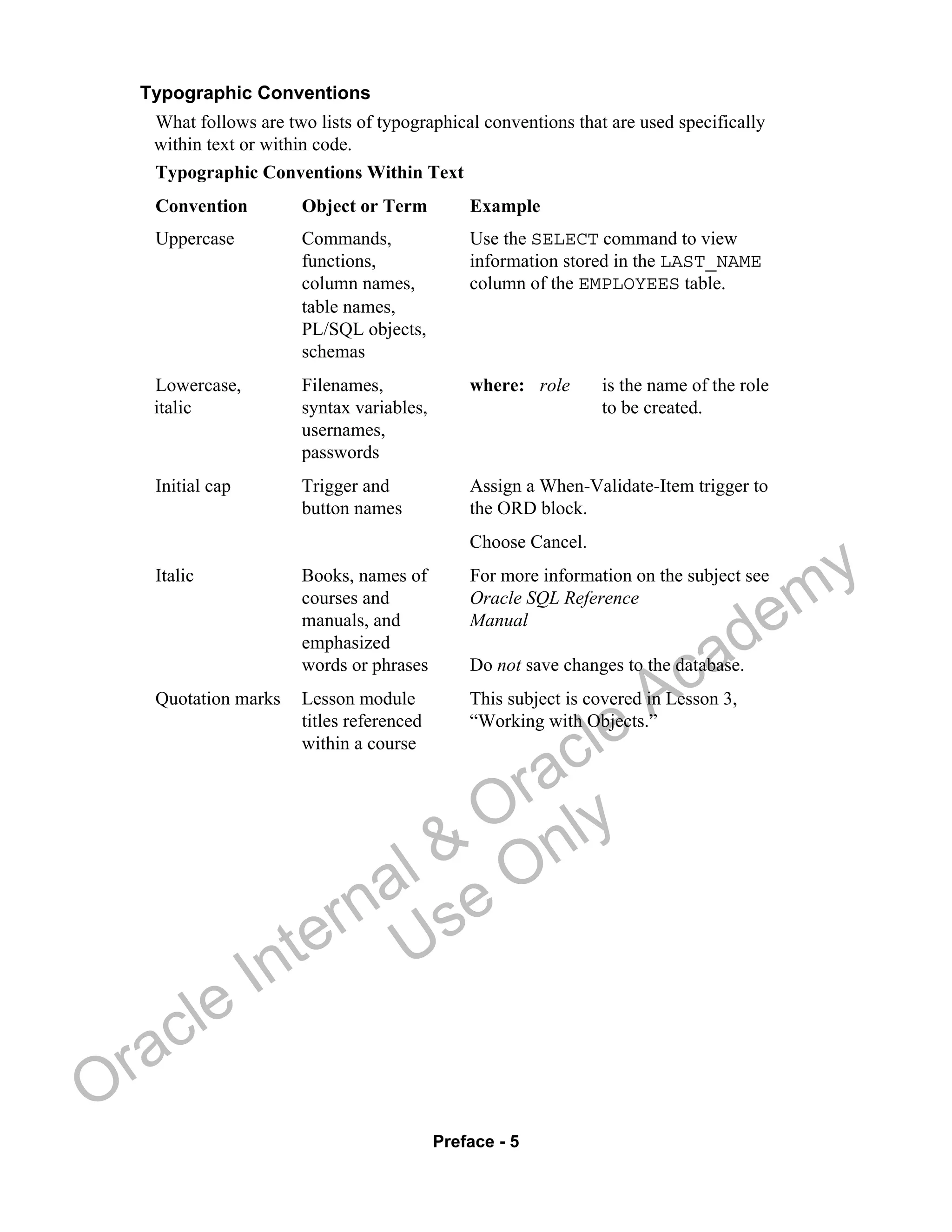 Preface - 5
Typographic Conventions
What follows are two lists of typographical conventions that are used specifically
within text or within code.
Typographic Conventions Within Text
Convention Object or Term Example
Uppercase Commands, Use the SELECT command to view
functions, information stored in the LAST_NAME
column names, column of the EMPLOYEES table.
table names,
PL/SQL objects,
schemas
Lowercase, Filenames, where: role is the name of the role
italic syntax variables, to be created.
usernames,
passwords
Initial cap Trigger and Assign a When-Validate-Item trigger to
button names the ORD block.
Choose Cancel.
Italic Books, names of For more information on the subject see
courses and Oracle SQL Reference
manuals, and Manual
emphasized
words or phrases Do not save changes to the database.
Quotation marks Lesson module This subject is covered in Lesson 3,
titles referenced “Working with Objects.”
within a course
Oracle Internal &
Oracle Academy
Use Only
 