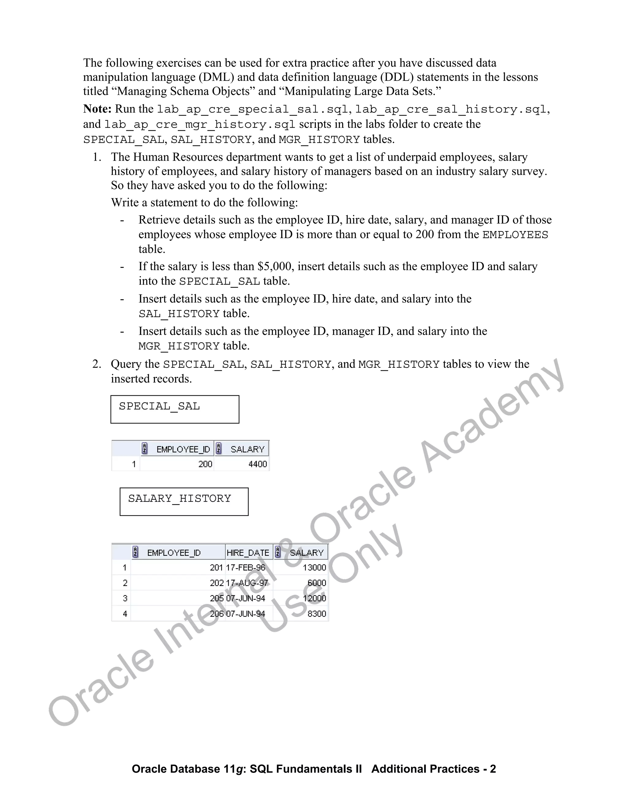 Oracle Database 11g: SQL Fundamentals II Additional Practices - 2
The following exercises can be used for extra practice after you have discussed data
manipulation language (DML) and data definition language (DDL) statements in the lessons
titled “Managing Schema Objects” and “Manipulating Large Data Sets.”
Note: Run the lab_ap_cre_special_sal.sql, lab_ap_cre_sal_history.sql,
and lab_ap_cre_mgr_history.sql scripts in the labs folder to create the
SPECIAL_SAL, SAL_HISTORY, and MGR_HISTORY tables.
1. The Human Resources department wants to get a list of underpaid employees, salary
history of employees, and salary history of managers based on an industry salary survey.
So they have asked you to do the following:
Write a statement to do the following:
- Retrieve details such as the employee ID, hire date, salary, and manager ID of those
employees whose employee ID is more than or equal to 200 from the EMPLOYEES
table.
- If the salary is less than $5,000, insert details such as the employee ID and salary
into the SPECIAL_SAL table.
- Insert details such as the employee ID, hire date, and salary into the
SAL_HISTORY table.
- Insert details such as the employee ID, manager ID, and salary into the
MGR_HISTORY table.
2. Query the SPECIAL_SAL, SAL_HISTORY, and MGR_HISTORY tables to view the
inserted records.
SALARY_HISTORY
SPECIAL_SAL
Oracle Internal &
Oracle Academy
Use Only
 
