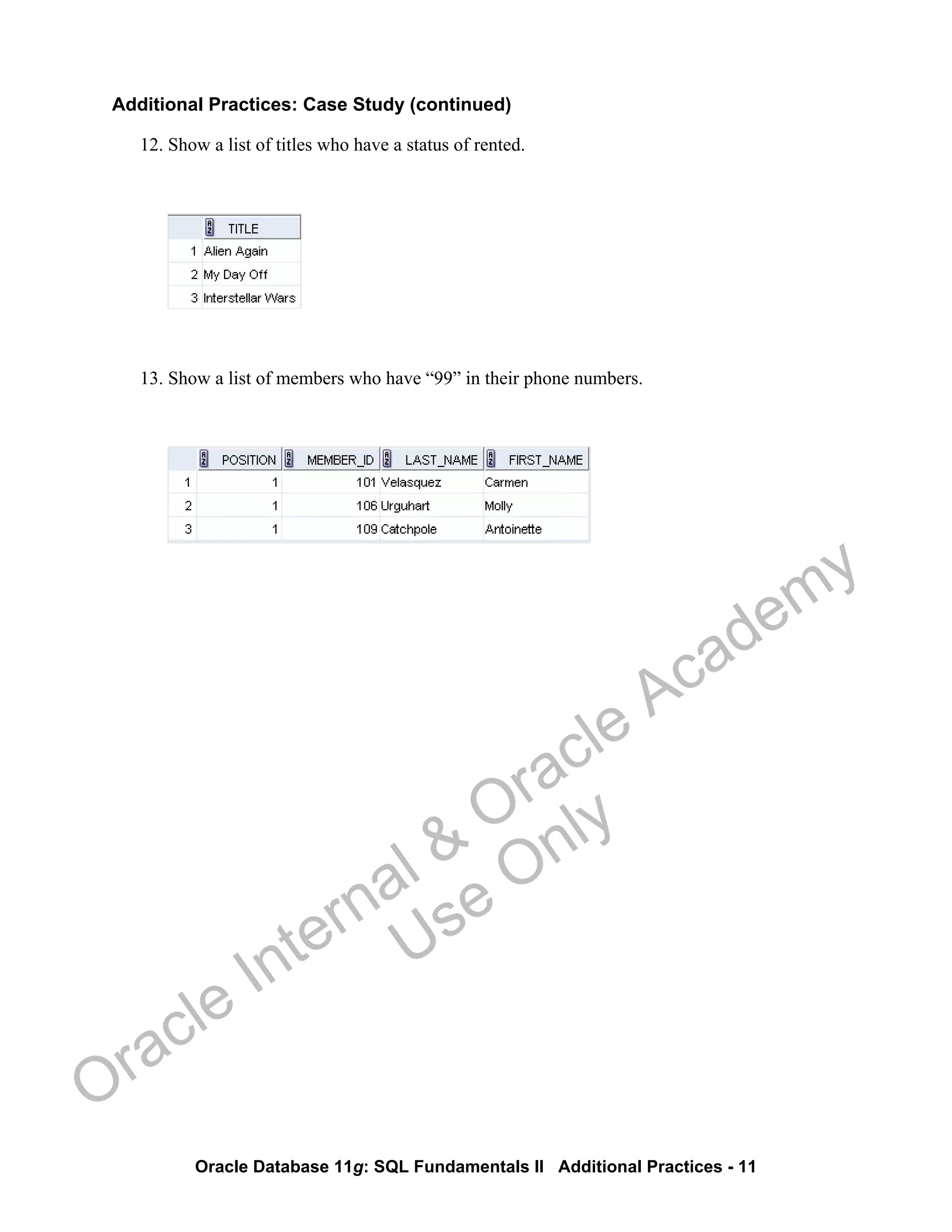 Oracle Database 11g: SQL Fundamentals II Additional Practices - 11
Additional Practices: Case Study (continued)
12. Show a list of titles who have a status of rented.
13. Show a list of members who have “99” in their phone numbers.
Oracle Internal &
Oracle Academy
Use Only
 