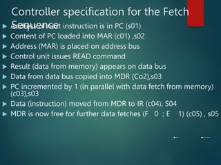 Controller specification for the Fetch
Sequence
 Address of next instruction is in PC (s01)
 Content of PC loaded into MAR (c01) ,s02
 Address (MAR) is placed on address bus
 Control unit issues READ command
 Result (data from memory) appears on data bus
 Data from data bus copied into MDR (Co2),s03
 PC incremented by 1 (in parallel with data fetch from memory)
(c03),s03
 Data (instruction) moved from MDR to IR (c04), S04
 MDR is now free for further data fetches (F 0 ; E 1) (c05) , s05
 