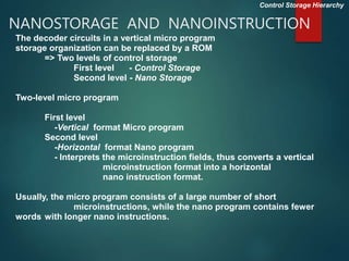 NANOSTORAGE AND NANOINSTRUCTION
The decoder circuits in a vertical micro program
storage organization can be replaced by a ROM
=> Two levels of control storage
First level - Control Storage
Second level - Nano Storage
Two-level micro program
First level
-Vertical format Micro program
Second level
-Horizontal format Nano program
- Interprets the microinstruction fields, thus converts a vertical
microinstruction format into a horizontal
nano instruction format.
Usually, the micro program consists of a large number of short
microinstructions, while the nano program contains fewer
words with longer nano instructions.
Control Storage Hierarchy
 