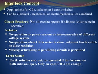 Circuit Breaker:- Not allowed to operate if adjacent isolators are in
operation
 Applications for CBs, isolators and earth switches
 Can be electrical , mechanical or electromechanical or combined
Inter lock Concept:
Isolators
 No operation on power current or interconnection of different
voltage system.
 No operation when CB in series in close , adjacent Earth switch
on close condition
 Making or breaking of paralleling circuits is permitted
Earth Switch
 Earth switches may only be operated if the isolators on
both sides are open. Only an open CB is not enough
 