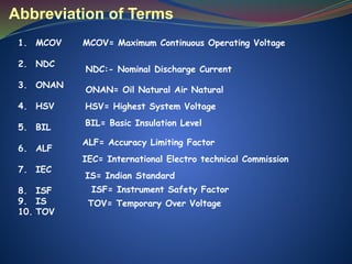 Abbreviation of Terms
1. MCOV
2. NDC
3. ONAN
4. HSV
5. BIL
6. ALF
7. IEC
8. ISF
9. IS
10. TOV
MCOV= Maximum Continuous Operating Voltage
NDC:- Nominal Discharge Current
ONAN= Oil Natural Air Natural
HSV= Highest System Voltage
BIL= Basic Insulation Level
ALF= Accuracy Limiting Factor
IEC= International Electro technical Commission
IS= Indian Standard
TOV= Temporary Over Voltage
ISF= Instrument Safety Factor
 