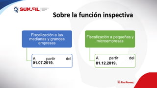 Fiscalización a las
medianas y grandes
empresas
A partir del
01.07.2019.
Fiscalización a pequeñas y
microempresas
A partir del
01.12.2019.
Sobre la función inspectiva
 