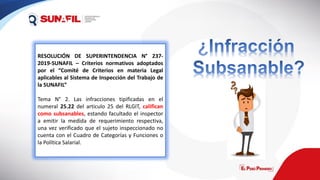 RESOLUCIÓN DE SUPERINTENDENCIA N° 237-
2019-SUNAFIL – Criterios normativos adoptados
por el “Comité de Criterios en materia Legal
aplicables al Sistema de Inspección del Trabajo de
la SUNAFIL”
Tema N° 2. Las infracciones tipificadas en el
numeral 25.22 del articulo 25 del RLGIT, califican
como subsanables, estando facultado el inspector
a emitir la medida de requerimiento respectiva,
una vez verificado que el sujeto inspeccionado no
cuenta con el Cuadro de Categorías y Funciones o
la Política Salarial.
 