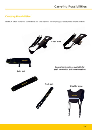 19
Carrying Possibilities
Chest plate
Belly belt
Neck belt
Several combinations available for
each transmitter and carrying option
Shoulder strap
Carrying Possibilities
 