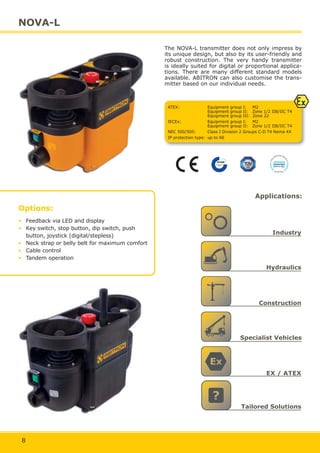 8
NOVA-L
The NOVA-L transmitter does not only impress by
its unique design, but also by its user-friendly and
robust construction. The very handy transmitter
is ideally suited for digital or proportional applica-
available. ABITRON can also customise the trans-
mitter based on our individual needs.
Options:
Feedback via LED and display
Key switch, stop button, dip switch, push
button, joystick (digital/stepless)
Neck strap or belly belt for maximum comfort
Cable control
Tandem operation
Applications:
Industry
Hydraulics
Construction
Tailored Solutions
EX / ATEX
Specialist Vehicles
ATEX: Equipment group I: M2
Equipment group II: Zone 1/2 IIB/IIC T4
Equipment group III: Zone 22
IECEx: Equipment group I: M2
Equipment group II: Zone 1/2 IIB/IIC T4
NEC 500/505: Class I Division 2 Groups C-D T4 Nema 4X
IP protection type: up to 66
 