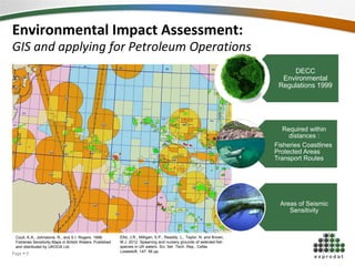 Environmental Impact Assessment:
GIS and applying for Petroleum Operations
DECC
Environmental
Regulations 1999
Required within
distances :
Fisheries Coastlines
Protected Areas
Transport Routes
Areas of Seismic
Sensitivity
Coull, K.A., Johnstone, R., and S.I. Rogers. 1998.
Fisheries Sensitivity Maps in British Waters. Published
and distributed by UKOOA Ltd.
Ellis, J.R., Milligan, S.P., Readdy, L., Taylor, N. and Brown,
M.J. 2012. Spawning and nursery grounds of selected fish
species in UK waters. Sci. Ser. Tech. Rep., Cefas
Lowestoft, 147: 56 pp.
Page  9
 