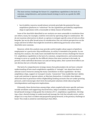 AMPHIBIOUS SHIPPING SHORTFALLS | IX
• Survivability concerns would almost certainly preclude the potential for non-
amphibious platforms to “substitute” for the capabilities provided by amphibious
ships in operations with a reasonable or likely chance of hostilities.
Some of the shortfalls identiﬁed in our analysis are more amenable to resolution than
are others; many, for example, could be overcome by operating ships in combination. We
do not examine alternatives in detail, as options to mitigate speciﬁc areas of risk are often
bespoke, but we do offer broad areas of consideration that can inform perspectives on the
range and level of effort that might be involved in addressing particular areas where
shortfalls were common.
However, while this analysis may provide useful insights about aspects of platform
employment or a particular ship modiﬁcation, its utility is intended to be greater. In con-
ducting this analysis, the study team concluded that the most serious challenge for future
U.S. amphibious capabilities is the lack of a common, comprehensive, and systems-based
strategy to serve as a guide for the diﬃcult choices that must continue to be made. At
present, while individual decisions can and are being taken, their system-level effects are
not obvious but are critically important.
The lack of a comprehensive strategy means that policymakers do not have a shared
understanding of how much amphibious capability is “enough,” nor about how best to
allocate scarce resources among the many contributors to those capabilities—be they
amphibious ships, support or transport vessels, “connectors” that enable Marines’ ability
to get and continue to operate ashore, or Marines themselves. It inhibits clear debates
about how best to prioritize within shipbuilding funding accounts that are under growing
pressure, and it encourages short-term focused point solutions while obscuring their
interdependence and long-term implications.
Ultimately, these distinctions among ships, when coupled with more speciﬁc and mea-
surable attributes and supporting characteristics, help to establish a foundation for a
broad-based strategy to help guide the evolution of U.S. amphibious capabilities. Develop-
ing a clear, shared strategy to understand and manage the risk that already exists, and to
shape it in a way that is evident and purposeful going forward, is the primary challenge at
hand. This study is aimed at contributing to that effort.
The most serious challenge for future U.S. amphibious capabilities is the lack of a
common, comprehensive, and systems-based strategy to serve as a guide for diﬃ-
cult choices.
 