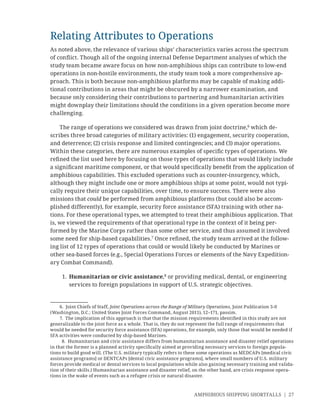 AMPHIBIOUS SHIPPING SHORTFALLS | 27
Relating Attributes to Operations
As noted above, the relevance of various ships’ characteristics varies across the spectrum
of conﬂict. Though all of the ongoing internal Defense Department analyses of which the
study team became aware focus on how non-amphibious ships can contribute to low-end
operations in non-hostile environments, the study team took a more comprehensive ap-
proach. This is both because non-amphibious platforms may be capable of making addi-
tional contributions in areas that might be obscured by a narrower examination, and
because only considering their contributions to partnering and humanitarian activities
might downplay their limitations should the conditions in a given operation become more
challenging.
The range of operations we considered was drawn from joint doctrine,6
which de-
scribes three broad categories of military activities: (1) engagement, security cooperation,
and deterrence; (2) crisis response and limited contingencies; and (3) major operations.
Within these categories, there are numerous examples of speciﬁc types of operations. We
reﬁned the list used here by focusing on those types of operations that would likely include
a signiﬁcant maritime component, or that would speciﬁcally beneﬁt from the application of
amphibious capabilities. This excluded operations such as counter-insurgency, which,
although they might include one or more amphibious ships at some point, would not typi-
cally require their unique capabilities, over time, to ensure success. There were also
missions that could be performed from amphibious platforms (but could also be accom-
plished differently), for example, security force assistance (SFA) training with other na-
tions. For these operational types, we attempted to treat their amphibious application. That
is, we viewed the requirements of that operational type in the context of it being per-
formed by the Marine Corps rather than some other service, and thus assumed it involved
some need for ship-based capabilities.7
Once reﬁned, the study team arrived at the follow-
ing list of 12 types of operations that could or would likely be conducted by Marines or
other sea-based forces (e.g., Special Operations Forces or elements of the Navy Expedition-
ary Combat Command).
1. Humanitarian or civic assistance,8
or providing medical, dental, or engineering
services to foreign populations in support of U.S. strategic objectives.
6. Joint Chiefs of Staff, Joint Operations across the Range of Military Operations, Joint Publication 3-0
(Washington, D.C.: United States Joint Forces Command, August 2011), 12–171, passim.
7. The implication of this approach is that that the mission requirements identiﬁed in this study are not
generalizable to the joint force as a whole. That is, they do not represent the full range of requirements that
would be needed for security force assistance (SFA) operations, for example, only those that would be needed if
SFA activities were conducted by ship-based Marines.
8. Humanitarian and civic assistance differs from humanitarian assistance and disaster relief operations
in that the former is a planned activity speciﬁcally aimed at providing necessary services to foreign popula-
tions to build good will. (The U.S. military typically refers to these some operations as MEDCAPs [medical civic
assistance programs] or DENTCAPs [dental civic assistance programs], where small numbers of U.S. military
forces provide medical or dental services to local populations while also gaining necessary training and valida-
tion of their skills.) Humanitarian assistance and disaster relief, on the other hand, are crisis response opera-
tions in the wake of events such as a refugee crisis or natural disaster.
 