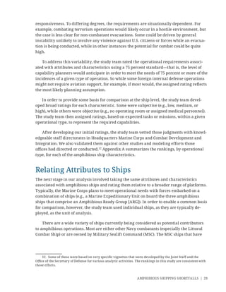 AMPHIBIOUS SHIPPING SHORTFALLS | 29
responsiveness. To differing degrees, the requirements are situationally dependent. For
example, combating terrorism operations would likely occur in a hostile environment, but
the case is less clear for non-combatant evacuations. Some could be driven by general
instability unlikely to involve any violence against U.S. citizens or forces while an evacua-
tion is being conducted, while in other instances the potential for combat could be quite
high.
To address this variability, the study team rated the operational requirements associ-
ated with attributes and characteristics using a 75 percent standard—that is, the level of
capability planners would anticipate in order to meet the needs of 75 percent or more of the
incidences of a given type of operation. So while some foreign internal defense operations
might not require aviation support, for example, if most would, the assigned rating reﬂects
the most likely planning assumption.
In order to provide some basis for comparison at the ship level, the study team devel-
oped broad ratings for each characteristic. Some were subjective (e.g., low, medium, or
high), while others were objective (e.g., no operating room or assigned medical personnel).
The study team then assigned ratings, based on expected tasks or missions, within a given
operational type, to represent the required capabilities.
After developing our initial ratings, the study team vetted those judgments with knowl-
edgeable staff directorates in Headquarters Marine Corps and Combat Development and
Integration. We also validated them against other studies and modeling efforts those
oﬃces had directed or conducted.12
Appendix A summarizes the rankings, by operational
type, for each of the amphibious ship characteristics.
Relating Attributes to Ships
The next stage in our analysis involved taking the same attributes and characteristics
associated with amphibious ships and rating them relative to a broader range of platforms.
Typically, the Marine Corps plans to meet operational needs with forces embarked on a
combination of ships (e.g., a Marine Expeditionary Unit on board the three amphibious
ships that comprise an Amphibious Ready Group [ARG]). In order to enable a common basis
for comparison, however, the study team used individual ships, as they are typically de-
ployed, as the unit of analysis.
There are a wide variety of ships currently being considered as potential contributors
to amphibious operations. Most are either other Navy combatants (especially the Littoral
Combat Ship) or are owned by Military Sealift Command (MSC). The MSC ships that have
12. Some of these were based on very speciﬁc vignettes that were developed by the Joint Staff and the
Oﬃce of the Secretary of Defense for various analytic activities. The rankings in this study are consistent with
those efforts.
 