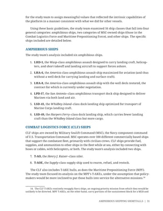 AMPHIBIOUS SHIPPING SHORTFALLS | 31
for the study team to assign meaningful values that reﬂected the intrinsic capabilities of
the platform in a manner consistent with what we did for other vessels.
Using these basic guidelines, the study team examined 16 ship classes that fall into four
general categories: amphibious ships, two categories of MSC-owned ships (those in the
Combat Logistics Force and Maritime Prepositioning Force), and other ships. The speciﬁc
ships included are detailed below.
AMPHIBIOUS SHIPS
The study team’s analysis included six amphibious ships.
1. LHD-1, the Wasp-class amphibious assault designed to carry landing craft, helicop-
ters, and short takeoff and landing aircraft to support forces ashore.
2. LHA-6, the America-class amphibious assault ship maximized for aviation (and thus
without a well deck for carrying landing and surface craft).
3. LHA-8, the America-class amphibious assault ship with the well deck restored, the
contract for which is currently under negotiation.
4. LPD-17, the San Antonio–class amphibious transport dock ship designed to deliver
Marines via both land and air.
5. LSD-41, the Whidbey Island–class dock landing ship optimized for transport of
Marine Corps landing craft.
6. LSD-49, the Harpers Ferry–class dock landing ship, which carries fewer landing
craft than the Whidbey Island class but more cargo.
COMBAT LOGISTICS FORCE (CLF) SHIPS
CLF ships are owned by Military Sealift Command (MSC), the Navy component command
of U.S. Transportation Command. MSC operates over 100 different commercially based ships
that support the combatant ﬂeet, primarily with civilian crews. CLF ships provide fuel,
supplies, and ammunition to other ships in the ﬂeet while at sea, either by connecting with
hoses or cables, with helicopters, or both. The study team’s analysis included two ships.
7. T-AO, the Henry J. Kaiser–class oiler.
8. T-AOE, the Supply-class supply ship used to rearm, refuel, and restock.
The CLF also includes T-AKE hulls, as does the Maritime Prepositioning Force (MPF).
The study team focused its analysis on the MPF’s T-AKEs, under the assumption that policy-
makers would be more inclined to put those hulls into service for alternative missions.14
14. The CLF T-AKEs routinely resupply Navy ships, an ongoing priority mission from which they would be
unlikely to be diverted. MPF T-AKEs, on the other hand, carry portions of the sustainment block for a MEB and
 
