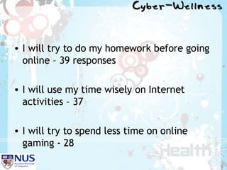 I will try to do my homework before going online – 39 responses I will use my time wisely on Internet activities – 37 I will try to spend less time on online gaming - 28 