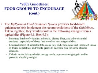 Nieman DC. Exercise Testing and Prescription: A Health-Related Approach. 6/e.
Copyright ©2007 McGraw-Hill Higher Education. All rights reserved.
*2005 Guidelines:
FOOD GROUPS TO ENCOURAGE
(cont.)
• The MyPyramid Food Guidance System provides food-based
guidance to help implement the recommendations of the Guidelines.
Taken together, they would result in the following changes from a
typical diet (Figure 9.1, Box 9.3):
– Increased intake of vitamins, minerals, dietary fiber, and other essential
nutrients, especially of those that are often low in typical diets.
– Lowered intake of saturated fats, trans fats, and cholesterol and increased intake
of fruits, vegetables, and whole grains to decrease risk for some chronic
diseases.
– Calorie intake balanced with energy needs to prevent weight gain and/or
promote a healthy weight.
 