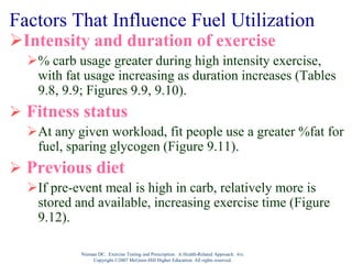 Nieman DC. Exercise Testing and Prescription: A Health-Related Approach. 6/e.
Copyright ©2007 McGraw-Hill Higher Education. All rights reserved.
Factors That Influence Fuel Utilization
Intensity and duration of exercise
% carb usage greater during high intensity exercise,
with fat usage increasing as duration increases (Tables
9.8, 9.9; Figures 9.9, 9.10).
 Fitness status
At any given workload, fit people use a greater %fat for
fuel, sparing glycogen (Figure 9.11).
 Previous diet
If pre-event meal is high in carb, relatively more is
stored and available, increasing exercise time (Figure
9.12).
 