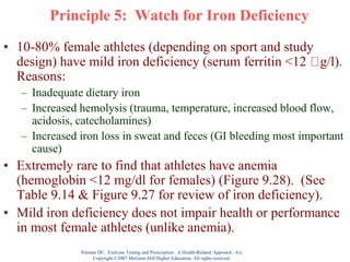 Nieman DC. Exercise Testing and Prescription: A Health-Related Approach. 6/e.
Copyright ©2007 McGraw-Hill Higher Education. All rights reserved.
Principle 5: Watch for Iron Deficiency
• 10-80% female athletes (depending on sport and study
design) have mild iron deficiency (serum ferritin <12 g/l).
Reasons:
– Inadequate dietary iron
– Increased hemolysis (trauma, temperature, increased blood flow,
acidosis, catecholamines)
– Increased iron loss in sweat and feces (GI bleeding most important
cause)
• Extremely rare to find that athletes have anemia
(hemoglobin <12 mg/dl for females) (Figure 9.28). (See
Table 9.14 & Figure 9.27 for review of iron deficiency).
• Mild iron deficiency does not impair health or performance
in most female athletes (unlike anemia).
 