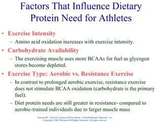 Nieman DC. Exercise Testing and Prescription: A Health-Related Approach. 6/e.
Copyright ©2007 McGraw-Hill Higher Education. All rights reserved.
Factors That Influence Dietary
Protein Need for Athletes
• Exercise Intensity
– Amino acid oxidation increases with exercise intensity.
• Carbohydrate Availability
– The exercising muscle uses more BCAAs for fuel as glycogen
stores become depleted.
• Exercise Type: Aerobic vs. Resistance Exercise
– In contrast to prolonged aerobic exercise, resistance exercise
does not stimulate BCAA oxidation (carbohydrate is the primary
fuel).
– Diet protein needs are still greater in resistance- compared to
aerobic-trained individuals due to larger muscle mass
 
