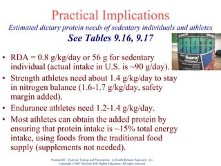 Nieman DC. Exercise Testing and Prescription: A Health-Related Approach. 6/e.
Copyright ©2007 McGraw-Hill Higher Education. All rights reserved.
Practical Implications
Estimated dietary protein needs of sedentary individuals and athletes
See Tables 9.16, 9.17
• RDA = 0.8 g/kg/day or 56 g for sedentary
individual (actual intake in U.S. is ~90 g/day).
• Strength athletes need about 1.4 g/kg/day to stay
in nitrogen balance (1.6-1.7 g/kg/day, safety
margin added).
• Endurance athletes need 1.2-1.4 g/kg/day.
• Most athletes can obtain the added protein by
ensuring that protein intake is ~15% total energy
intake, using foods from the traditional food
supply (supplements not needed).
 