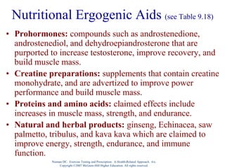 Nieman DC. Exercise Testing and Prescription: A Health-Related Approach. 6/e.
Copyright ©2007 McGraw-Hill Higher Education. All rights reserved.
Nutritional Ergogenic Aids (see Table 9.18)
• Prohormones: compounds such as androstenedione,
androstenediol, and dehydroepiandrosterone that are
purported to increase testosterone, improve recovery, and
build muscle mass.
• Creatine preparations: supplements that contain creatine
monohydrate, and are advertized to improve power
performance and build muscle mass.
• Proteins and amino acids: claimed effects include
increases in muscle mass, strength, and endurance.
• Natural and herbal products: ginseng, Echinacea, saw
palmetto, tribulus, and kava kava which are claimed to
improve energy, strength, endurance, and immune
function.
 