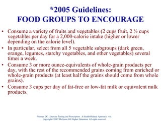 Nieman DC. Exercise Testing and Prescription: A Health-Related Approach. 6/e.
Copyright ©2007 McGraw-Hill Higher Education. All rights reserved.
*2005 Guidelines:
FOOD GROUPS TO ENCOURAGE
• Consume a variety of fruits and vegetables (2 cups fruit, 2 ½ cups
vegetables per day for a 2,000-calorie intake (higher or lower
depending on the calorie level).
• In particular, select from all 5 vegetable subgroups (dark green,
orange, legumes, starchy vegetables, and other vegetables) several
times a week.
• Consume 3 or more ounce-equivalents of whole-grain products per
day, with the rest of the recommended grains coming from enriched or
whole-grain products (at least half the grains should come from whole
grains).
• Consume 3 cups per day of fat-free or low-fat milk or equivalent milk
products.
 