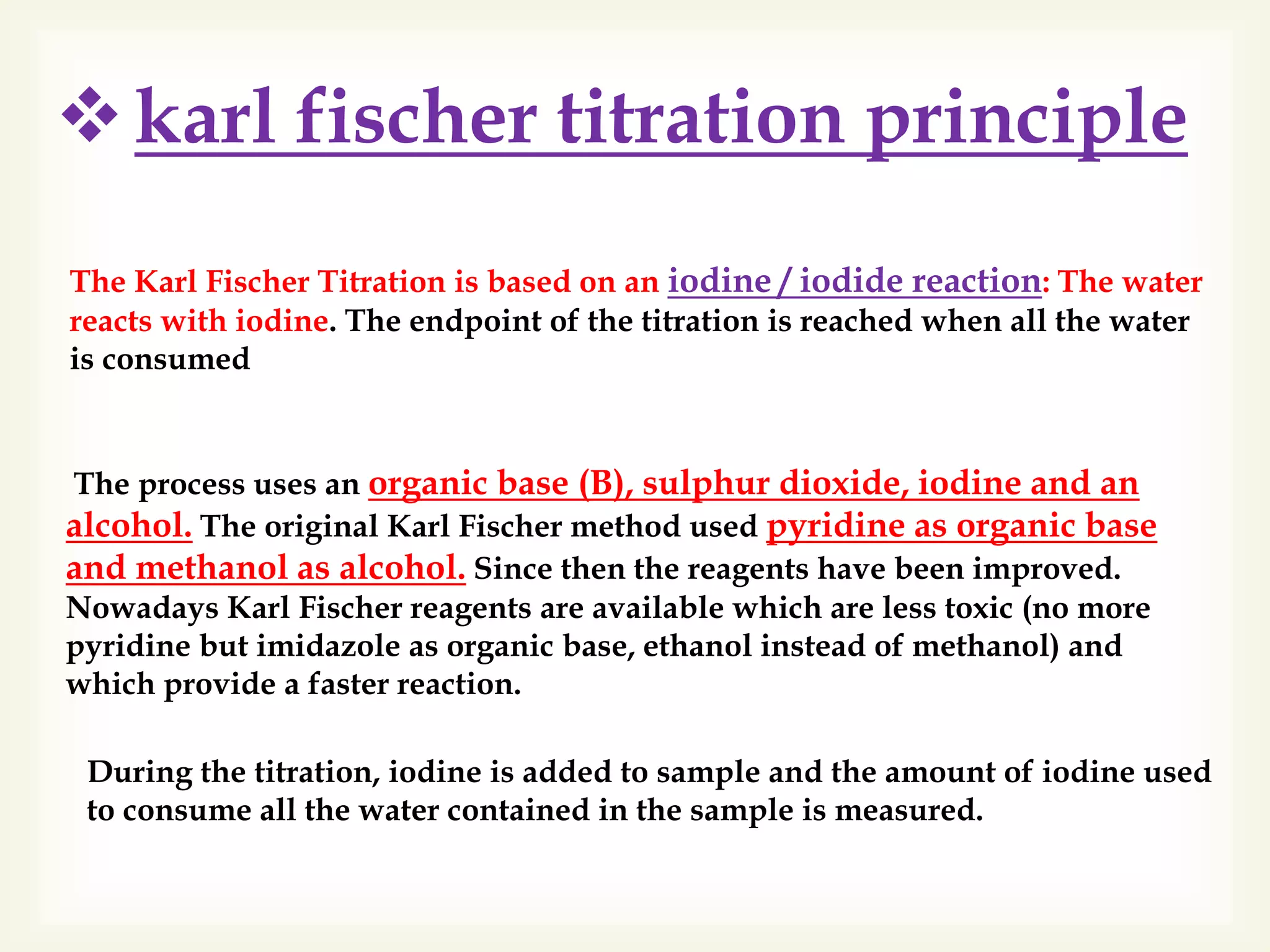 Karl Fischer titration,principle,apparatus, titration types,Endpoint