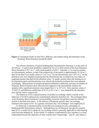 369
Figure 1. Conceptual model of water flow, diffusion, and sorption along discontinuities in the
Dounreay Shore formation around the Shaft.
The effective thickness of typical bedding plane discontinuities Dounreay is in the order of
20-250 µm. A typical mean hydraulic conductivity for a 2 m thick section of the local Dounreay
Shore formation is 5E-7 m s-1
, with a head gradient of 0.015. Typically, a 2 m section contains
two discontinuity surfaces, so that if the conductivity of the matrix is approximately 1E-10 m s-1
,
then for the Base Case model values of 1.1E-3 m s-1
for the discontinuity and 1.1E-5 m s-1
for the
alteration zone were adopted (assuming that the discontinuity has a conductivity two orders of
magnitude greater than that for the alteration zone). In model variants where the thicknesses of
the alteration region and discontinuity were altered, the hydraulic conductivities were adjusted
accordingly. Measurement of transport properties (diffusion coefficients, porosity) of samples of
Dounreay Shore Formation show that porosities adjacent to the discontinuity surfaces for
samples with a significant alteration zone ranged from 11 to 18 % [1]. Here, porosity values of
15 and 2 % and diffusion coefficients of 3E-11 to 3E-12 m2
s-1
were adopted for the alteration
zone and the matrix, respectively.
The behaviour of Sr is characterised by reversible ion exchange which is similar to the
behaviour of Sr-90 in radioactively contaminated sediments elsewhere [2]. The exchanger phase
in the Dounreay Shore Formation is most probably corrensite (mixed-layer smectite-chlorite)
present in the bulk rock matrix. In the absence of Dounreay-specific data, ion exchange
constants with respect to Na+
for a generic (smectite) clay ‘ion exchanger’ were employed [3].
Cs behaviour is characterised by irreversible ion exchange on mica, principally on
bedding-parallel discontinuity surfaces. Although there are no Dounreay site-specific sorption
data for Cs, a model for Cs uptake by ion exchange which is generally applicable to illite-bearing
rocks has been adopted [4]. In this model, Cs sorption is dominated by mica and there is a fixed
relationship between the capacities of main sorption sites (‘frayed edge’, ‘type II’, and ‘planar’).
 