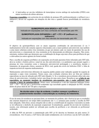 •

A lamivudina ser um dos inibidores de transcriptase reversa análogo de nucleosídeo (ITRN) com
menor ocorrência de efeitos adversos.

Esquemas expandidos com acréscimo de um inibidor de protease (IP), preferencialmente o nelfinavir ou o
indinavir/r, devem ser cogitados em situações de alto risco e quando houver possibilidade de resistência
viral.

QUIMIOPROFILAXIA BÁSICA = AZT + 3TC
Indicada em exposições com risco conhecido de transmissão pelo HIV.
QUIMIOPROFILAXIA EXPANDIDA = AZT + 3TC + IP (nelfinavir ou
indinavir/r)
Indicada em exposições com risco elevado de transmissão pelo HIV.

O objetivo da quimioprofilaxia com os atuais esquemas combinados de anti-retrovirais (2 ou 3
medicamentos) inclui não somente aspectos relacionados com a maior potência anti-retroviral, mas também
a uma maior cobertura contra vírus resistentes, já que um número cada vez maior de pacientes faz uso de
anti-retrovirais e a transmissão de vírus resistentes já foi demonstrada em diferentes situações. Não existe,
entretanto, nenhum dado que demonstre que a combinação de drogas seja mais eficaz para profilaxia do que
a zidovudina (ou outros agentes) de forma isolada.
Para a escolha do esquema profilático em exposições envolvendo pacientes-fonte infectados pelo HIV/aids,
deve-se avaliar a história prévia e atual de uso dos anti-retrovirais e os parâmetros que possam sugerir a
presença de vírus resistentes como o tratamento anti-retroviral prolongado e a ocorrência, durante o
tratamento, de progressão clínica, aumento de RNA viral, queda dos níveis de linfócitos CD4+ e falta de
resposta na troca do esquema medicamentoso.
Medicamentos anti-retrovirais diferentes do esquema padrão podem estar indicados quando há suspeita de
exposição a cepas virais resistentes. Nestes casos, uma avaliação criteriosa deve ser feita por médicos
especialistas na área de infecção pelo HIV/aids (Quadro 1). Se a resistência provavelmente afeta toda uma
classe de anti-retrovirais, é prudente incluir uma droga de uma outra classe. Ressalta-se que a falta de um
especialista, no momento imediato do atendimento pós-exposição, não é razão suficiente para
retardar o início da quimioprofilaxia. Nestes casos, recomenda-se o uso dos esquemas habituais (como
AZT + 3TC + IP) até que o profissional acidentado seja reavaliado quanto à adequação da PEP, iniciada
dentro do prazo ideal de até 72h após a exposição.
Na dúvida sobre o tipo de acidente, é melhor começar a profilaxia e
posteriormente reavaliar a manuntenção ou mudança do tratamento.
O uso de testes de resistência no paciente-fonte, no momento do acidente, não é factível já que os resultados
não estariam disponíveis em tempo hábil (usualmente são 1 a 2 semanas) para auxiliar a escolha da PEP
mais adequada. Além disso, nessas situações não se sabe se a modificação do esquema é necessária ou ainda
se irá influenciar o desfecho da exposição ocupacional. Eventualmente, quando há um teste de resistência
recente, esta informação poderá ser utilizada para escolha da profilaxia a ser oferecida ao profissional
acidentado.
A falha da PEP em prevenir a contaminação pelo HIV já foi descrita na literatura em pelo menos 21
circunstâncias . Em 16 casos, o AZT havia sido usado isoladamente; em 2 envolveu o uso de AZT com ddI e

14

 