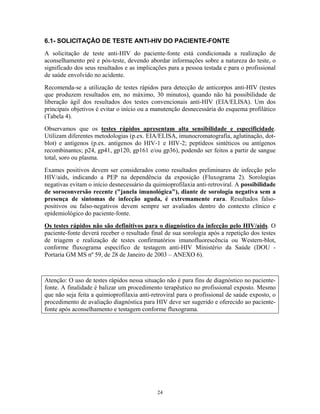 6.1- SOLICITAÇÃO DE TESTE ANTI-HIV DO PACIENTE-FONTE
A solicitação de teste anti-HIV do paciente-fonte está condicionada a realização de
aconselhamento pré e pós-teste, devendo abordar informações sobre a natureza do teste, o
significado dos seus resultados e as implicações para a pessoa testada e para o profissional
de saúde envolvido no acidente.
Recomenda-se a utilização de testes rápidos para detecção de anticorpos anti-HIV (testes
que produzem resultados em, no máximo, 30 minutos), quando não há possibilidade de
liberação ágil dos resultados dos testes convencionais anti-HIV (EIA/ELISA). Um dos
principais objetivos é evitar o início ou a manutenção desnecessária do esquema profilático
(Tabela 4).
Observamos que os testes rápidos apresentam alta sensibilidade e especificidade.
Utilizam diferentes metodologias (p.ex. EIA/ELISA, imunocromatografia, aglutinação, dotblot) e antígenos (p.ex. antígenos do HIV-1 e HIV-2; peptídeos sintéticos ou antígenos
recombinantes; p24, gp41, gp120, gp161 e/ou gp36), podendo ser feitos a partir de sangue
total, soro ou plasma.
Exames positivos devem ser considerados como resultados preliminares de infecção pelo
HIV/aids, indicando a PEP na dependência da exposição (Fluxograma 2). Sorologias
negativas evitam o início desnecessário da quimioprofilaxia anti-retroviral. A possibilidade
de soroconversão recente ("janela imunológica"), diante de sorologia negativa sem a
presença de sintomas de infecção aguda, é extremamente rara. Resultados falsopositivos ou falso-negativos devem sempre ser avaliados dentro do contexto clínico e
epidemiológico do paciente-fonte.
Os testes rápidos não são definitivos para o diagnóstico da infecção pelo HIV/aids. O
paciente-fonte deverá receber o resultado final de sua sorologia após a repetição dos testes
de triagem e realização de testes confirmatórios imunofluorescência ou Western-blot,
conforme fluxograma específico de testagem anti-HIV Ministério da Saúde (DOU Portaria GM MS nº 59, de 28 de Janeiro de 2003 – ANEXO 6).

Atenção: O uso de testes rápidos nessa situação não é para fins de diagnóstico no pacientefonte. A finalidade é balizar um procedimento terapêutico no profissional exposto. Mesmo
que não seja feita a quimioprofilaxia anti-retroviral para o profissional de saúde exposto, o
procedimento de avaliação diagnóstica para HIV deve ser sugerido e oferecido ao pacientefonte após aconselhamento e testagem conforme fluxograma.

24

 