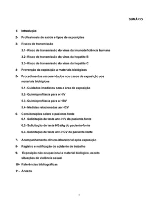 SUMÁRIO

1-

Introdução

2-

Profissionais de saúde e tipos de exposições

3-

Riscos de transmissão
3.1- Risco de transmissão do vírus da imunodeficiência humana
3.2- Risco de transmissão do vírus da hepatite B
3.3- Risco de transmissão do vírus da hepatite C

4-

Prevenção da exposição a materiais biológicos

5-

Procedimentos recomendados nos casos de exposição aos
materiais biológicos
5.1- Cuidados imediatos com a área de exposição
5.2- Quimioprofilaxia para o HIV
5.3- Quimioprofilaxia para o HBV
5.4- Medidas relacionadas ao HCV

6-

Considerações sobre o paciente-fonte
6.1- Solicitação de teste anti-HIV do paciente-fonte
6.2- Solicitação de teste HBsAg do paciente-fonte
6.3- Solicitação de teste anti-HCV do paciente-fonte

7-

Acompanhamento clínico-laboratorial após exposição

8-

Registro e notificação do acidente de trabalho

9-

Exposição não ocupacional a material biológico, exceto
situações de violência sexual

10- Referências bibliográficas
11- Anexos

3

 
