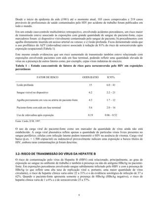Desde o início da epidemia da aids (1981) até o momento atual, 103 casos comprovados e 219 casos
prováveis de profissionais de saúde contaminados pelo HIV por acidente de trabalho foram publicados em
todo o mundo.
Em um estudo caso-controle multicêntrico retrospectivo, envolvendo acidentes percutâneos, um risco maior
de transmissão esteve associado às exposições com grande quantidade de sangue do paciente-fonte, cujos
marcadores foram: a) dispositivo visivelmente contaminado pelo sangue do paciente; b) procedimentos com
agulha diretamente inserida em acesso arterial ou venoso; e c) lesão profunda. Ficou demonstrado ainda que
o uso profilático do AZT (zidovudina) esteve associado à redução de 81% do risco de soroconversão após
exposição ocupacional (Tabela 1).
Este mesmo estudo evidenciou que um risco aumentado de transmissão também esteve relacionado com
exposições envolvendo pacientes com aids em fase terminal, podendo refletir uma quantidade elevada de
vírus ou a presença de outros fatores como, por exemplo, cepas virais indutoras de sincício.
Tabela 1 – Estudo caso-controle de fatores de risco para soroconversão pelo HIV em exposições
percutâneas
FATOR DE RISCO

ODDS RATIO

IC95%

Lesão profunda

15

6.0 – 41

Sangue visível no dispositivo

6.2

2.2 – 21

Agulha previamente em veia ou artéria do paciente-fonte

4.3

1.7 – 12

Paciente-fonte com aids em fase terminal

5.6

2.0 – 16

Uso de zidovudina após exposição

0.19

0.06 – 0.52

Fonte: Cardo, D M, 1997.

O uso da carga viral do paciente-fonte como um marcador da quantidade de vírus ainda não está
estabelecido. A carga viral plasmática reflete apenas a quantidade de partículas virais livres presentes no
sangue periférico; células com infecção latente podem transmitir o HIV na ausência de viremia. Carga viral
baixa (p.ex. < 1.500 cópias/ml) ou indetectável provavelmente indicam uma exposição a baixos títulos de
HIV, embora raras contaminações já foram descritas.

3.2- RISCO DE TRANSMISSÃO DO VÍRUS DA HEPATITE B
O risco de contaminação pelo vírus da Hepatite B (HBV) está relacionado, principalmente, ao grau de
exposição ao sangue no ambiente de trabalho e também à presença ou não do antígeno HBeAg no pacientefonte. Em exposições percutâneas envolvendo sangue sabidamente infectado pelo HBV e com a presença de
HBeAg (o que reflete uma alta taxa de replicação viral e, portanto, uma maior quantidade de vírus
circulante), o risco de hepatite clínica varia entre 22 a 31% e o da evidência sorológica de infecção de 37 a
62%. Quando o paciente-fonte apresenta somente a presença de HBsAg (HBeAg negativo), o risco de
hepatite clínica varia de 1 a 6% e o de soroconversão 23 a 37%.

8

 