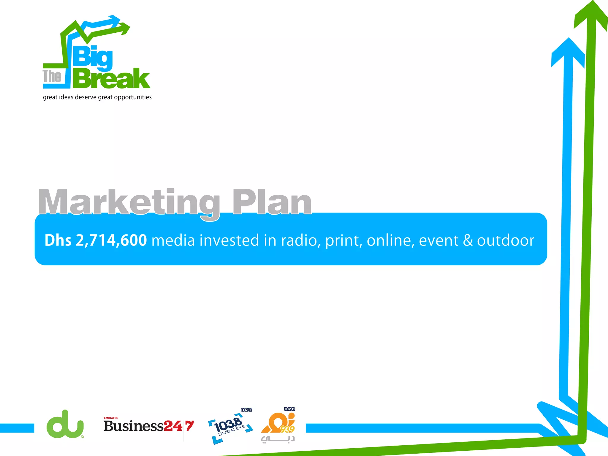 Dhs 2,714,600 media invested in radio, print, online, event & outdoor
Big
Breakgreat ideas deserve great opportunities
Marketing Plan
 