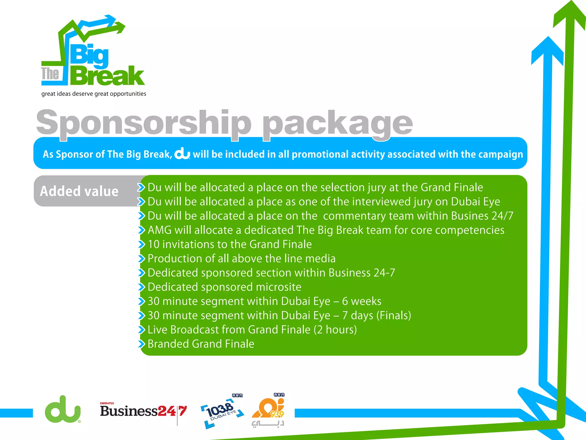 As Sponsor of The Big Break, will be included in all promotional activity associated with the campaign
Du will be allocated a place on the selection jury at the Grand Finale
Du will be allocated a place as one of the interviewed jury on Dubai Eye
Du will be allocated a place on the commentary team within Busines 24/7
AMG will allocate a dedicated The Big Break team for core competencies
10 invitations to the Grand Finale
Production of all above the line media
Dedicated sponsored section within Business 24-7
Dedicated sponsored microsite
30 minute segment within Dubai Eye ‒ 6 weeks
30 minute segment within Dubai Eye ‒ 7 days (Finals)
Live Broadcast from Grand Finale (2 hours)
Branded Grand Finale
Big
Breakgreat ideas deserve great opportunities
Sponsorship package
Added value
 