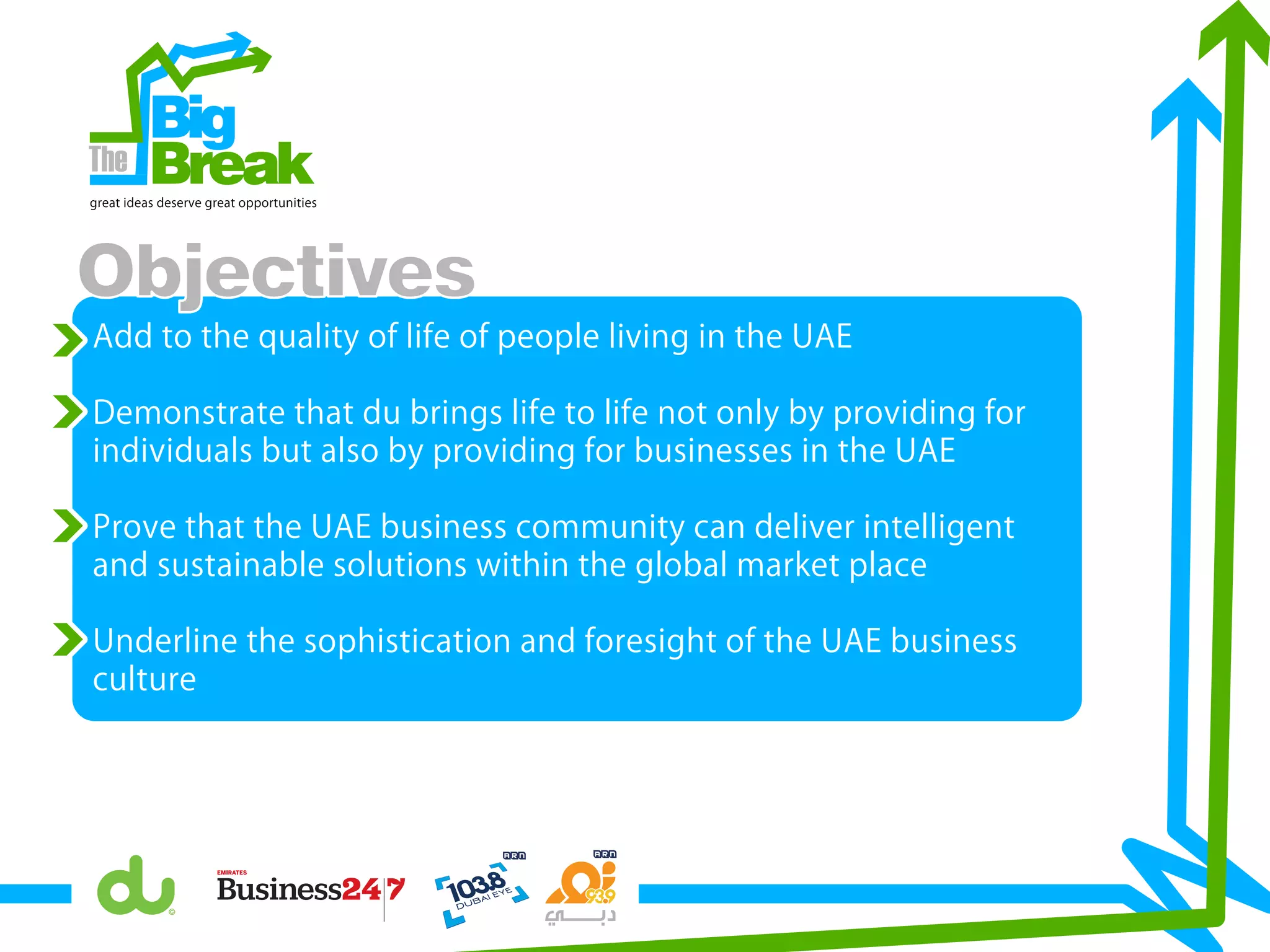 Add to the quality of life of people living in the UAE
Demonstrate that du brings life to life not only by providing for
individuals but also by providing for businesses in the UAE
Prove that the UAE business community can deliver intelligent
and sustainable solutions within the global market place
Underline the sophistication and foresight of the UAE business
culture
Big
Breakgreat ideas deserve great opportunities
Objectives
 