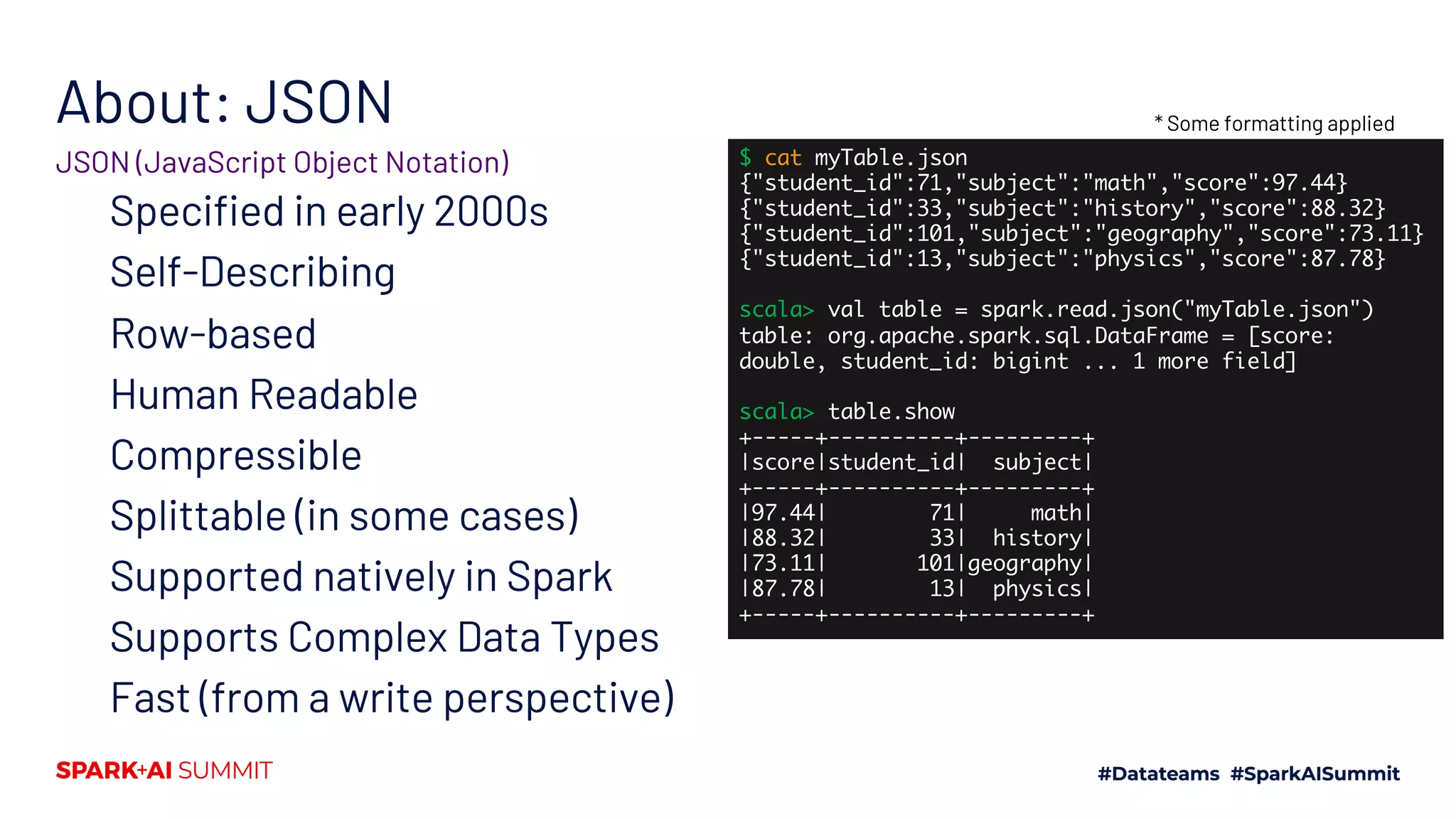 About: JSON Specified in early 2000s Self-Describing Row-based Human Readable Compressible Splittable (in some cases) Supported natively in Spark Supports Complex Data Types Fast (from a write perspective) JSON (JavaScript Object Notation) $ cat myTable.json {"student_id":71,"subject":"math","score":97.44} {"student_id":33,"subject":"history","score":88.32} {"student_id":101,"subject":"geography","score":73.11} {"student_id":13,"subject":"physics","score":87.78} scala> val table = spark.read.json("myTable.json") table: org.apache.spark.sql.DataFrame = [score: double, student_id: bigint ... 1 more field] scala> table.show +-----+----------+---------+ |score|student_id| subject| +-----+----------+---------+ |97.44| 71| math| |88.32| 33| history| |73.11| 101|geography| |87.78| 13| physics| +-----+----------+---------+ * Some formatting applied 
