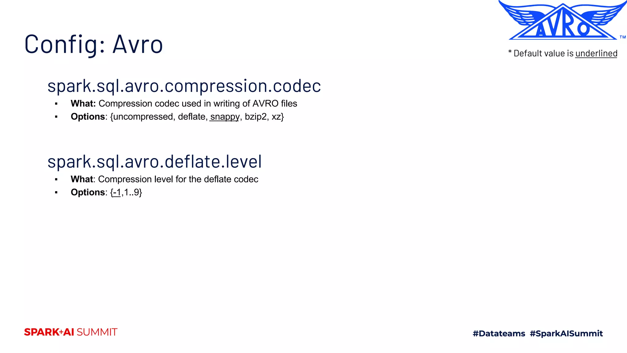 Config: Avro spark.sql.avro.compression.codec ▪ What: Compression codec used in writing of AVRO files ▪ Options: {uncompressed, deflate, snappy, bzip2, xz} spark.sql.avro.deflate.level ▪ What: Compression level for the deflate codec ▪ Options: {-1,1..9} * Default value is underlined 