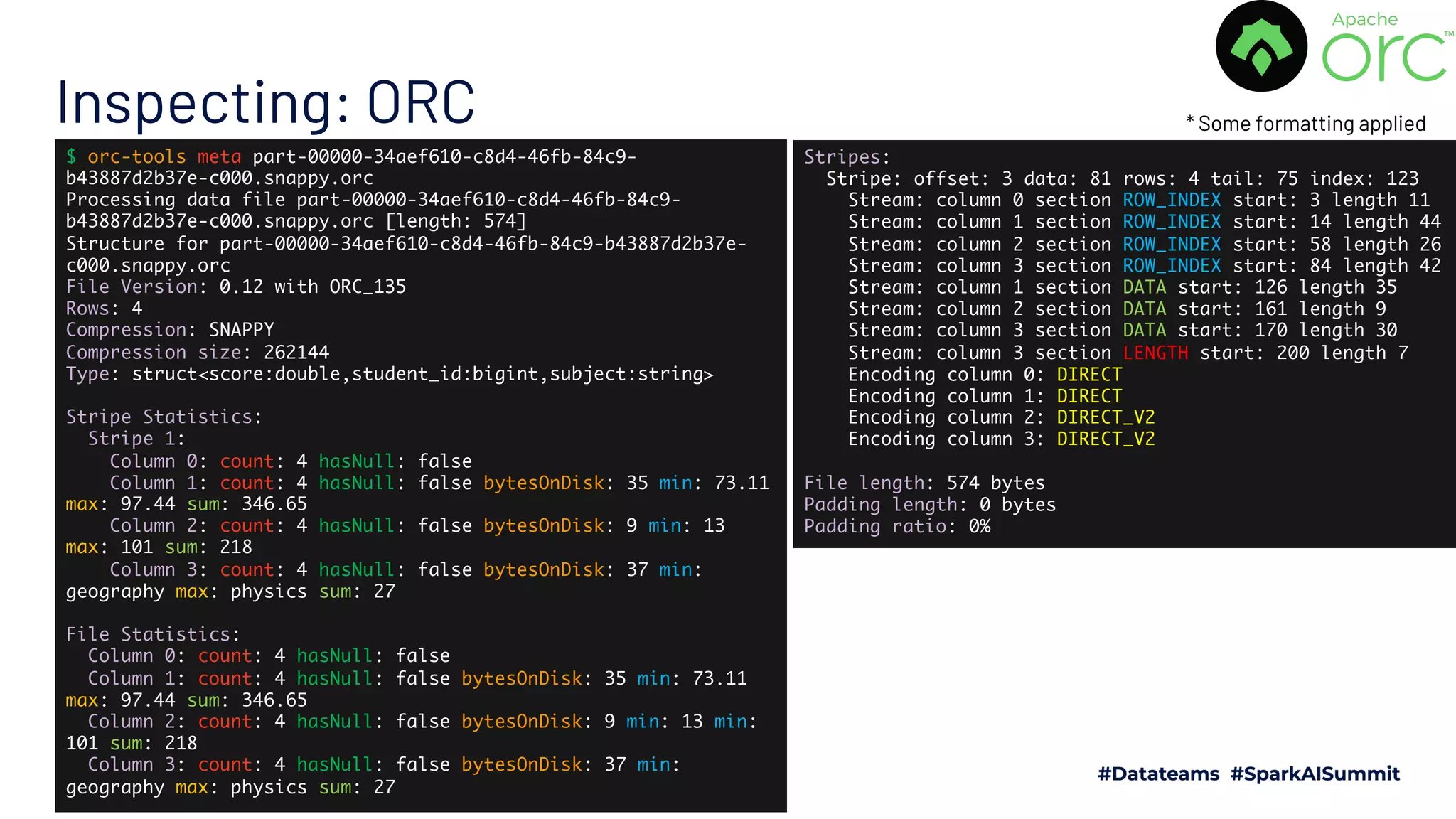 Inspecting: ORC $ orc-tools meta part-00000-34aef610-c8d4-46fb-84c9- b43887d2b37e-c000.snappy.orc Processing data file part-00000-34aef610-c8d4-46fb-84c9- b43887d2b37e-c000.snappy.orc [length: 574] Structure for part-00000-34aef610-c8d4-46fb-84c9-b43887d2b37e- c000.snappy.orc File Version: 0.12 with ORC_135 Rows: 4 Compression: SNAPPY Compression size: 262144 Type: struct<score:double,student_id:bigint,subject:string> Stripe Statistics: Stripe 1: Column 0: count: 4 hasNull: false Column 1: count: 4 hasNull: false bytesOnDisk: 35 min: 73.11 max: 97.44 sum: 346.65 Column 2: count: 4 hasNull: false bytesOnDisk: 9 min: 13 max: 101 sum: 218 Column 3: count: 4 hasNull: false bytesOnDisk: 37 min: geography max: physics sum: 27 File Statistics: Column 0: count: 4 hasNull: false Column 1: count: 4 hasNull: false bytesOnDisk: 35 min: 73.11 max: 97.44 sum: 346.65 Column 2: count: 4 hasNull: false bytesOnDisk: 9 min: 13 min: 101 sum: 218 Column 3: count: 4 hasNull: false bytesOnDisk: 37 min: geography max: physics sum: 27 Stripes: Stripe: offset: 3 data: 81 rows: 4 tail: 75 index: 123 Stream: column 0 section ROW_INDEX start: 3 length 11 Stream: column 1 section ROW_INDEX start: 14 length 44 Stream: column 2 section ROW_INDEX start: 58 length 26 Stream: column 3 section ROW_INDEX start: 84 length 42 Stream: column 1 section DATA start: 126 length 35 Stream: column 2 section DATA start: 161 length 9 Stream: column 3 section DATA start: 170 length 30 Stream: column 3 section LENGTH start: 200 length 7 Encoding column 0: DIRECT Encoding column 1: DIRECT Encoding column 2: DIRECT_V2 Encoding column 3: DIRECT_V2 File length: 574 bytes Padding length: 0 bytes Padding ratio: 0% * Some formatting applied 