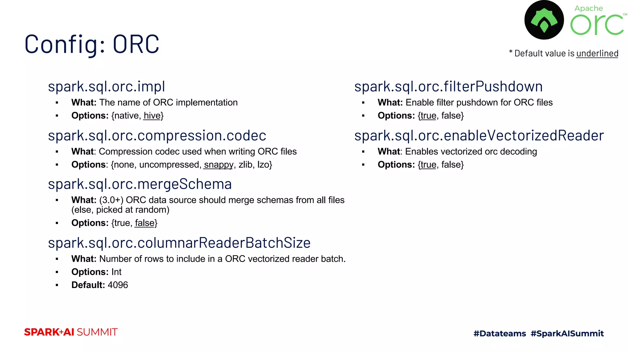 Config: ORC spark.sql.orc.impl ▪ What: The name of ORC implementation ▪ Options: {native, hive} spark.sql.orc.compression.codec ▪ What: Compression codec used when writing ORC files ▪ Options: {none, uncompressed, snappy, zlib, lzo} spark.sql.orc.mergeSchema ▪ What: (3.0+) ORC data source should merge schemas from all files (else, picked at random) ▪ Options: {true, false} spark.sql.orc.columnarReaderBatchSize ▪ What: Number of rows to include in a ORC vectorized reader batch. ▪ Options: Int ▪ Default: 4096 spark.sql.orc.filterPushdown ▪ What: Enable filter pushdown for ORC files ▪ Options: {true, false} spark.sql.orc.enableVectorizedReader ▪ What: Enables vectorized orc decoding ▪ Options: {true, false} * Default value is underlined 