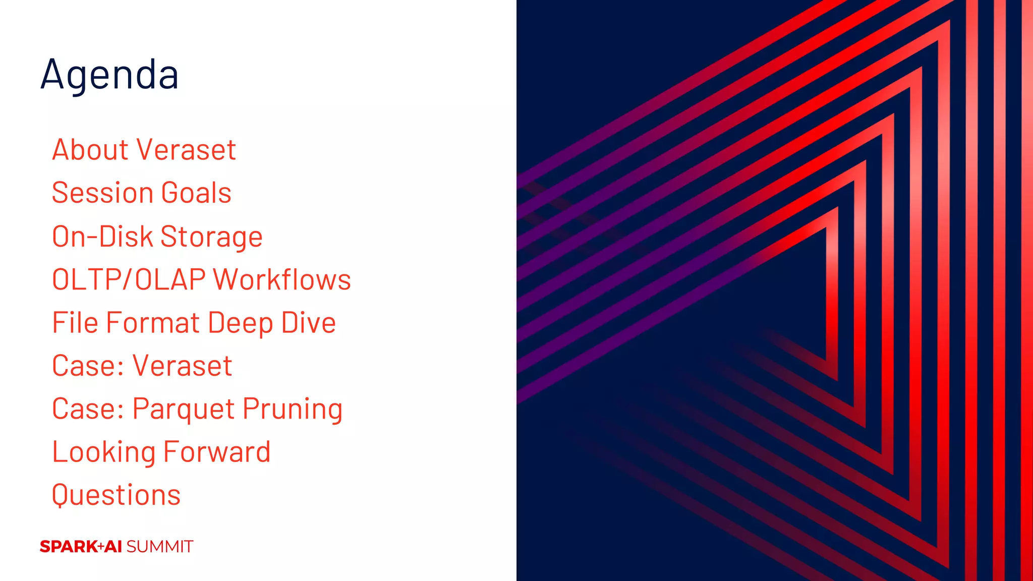 Agenda About Veraset Session Goals On-Disk Storage OLTP/OLAP Workflows File Format Deep Dive Case: Veraset Case: Parquet Pruning Looking Forward Questions 